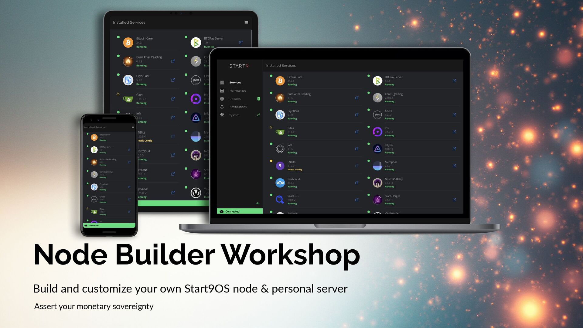 Slide 1 of 17 from 'Node Builder Workshop – Build a Start9OS Bitcoin Node' (2025-11-13)