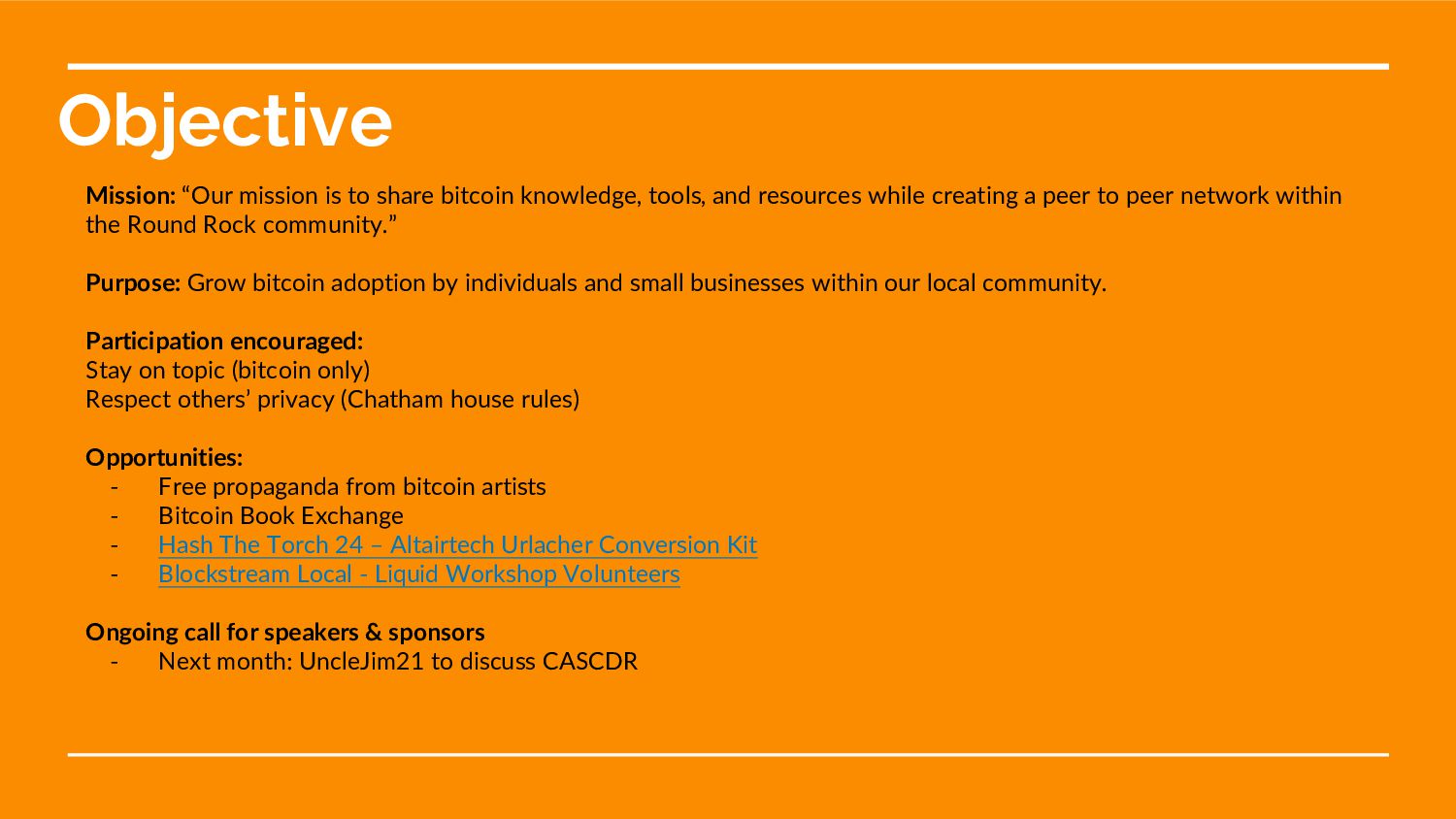 Slide 2 of 43 from 'Round Rock Bitcoiners #26 – LARP Presentation' (2024-07-29, RRBTC). Part of a presentation covering: larp, lightning, security, cosigners, lnbits.