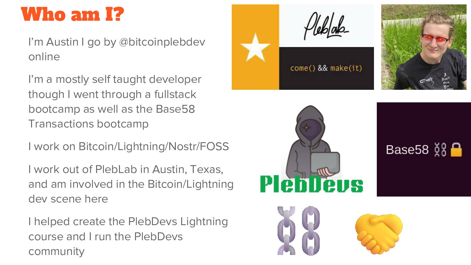 Slide 3 of 41 from 'RR Bitcoiners #18 – PlebDevs Takeover' (2023-11-09, Austin (@bitcoinplebdev)). Part of a presentation covering: plebdevs, lightning, development, pleblab, education.