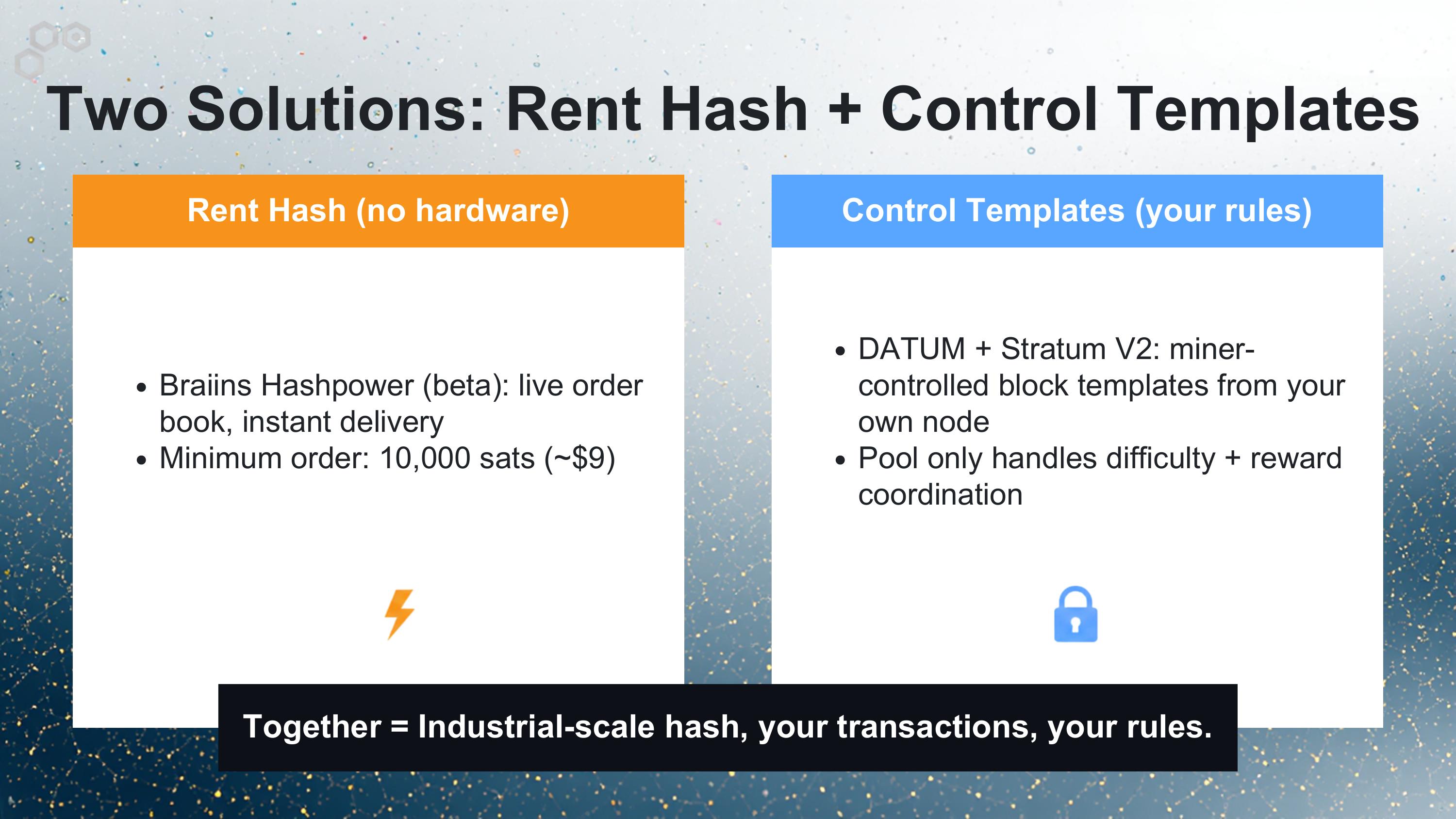 Slide 4 of 18 from 'Mining Like The Big Players' (2026-05-14, RRBTC). Part of a presentation covering: mining, hashrate-marketplace, braiins, datum, stratum-v2, automation.