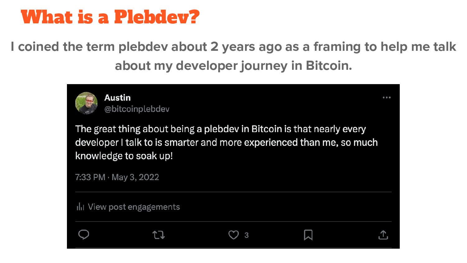 Slide 7 of 41 from 'RR Bitcoiners #18 – PlebDevs Takeover' (2023-11-09, Austin (@bitcoinplebdev)). Part of a presentation covering: plebdevs, lightning, development, pleblab, education.