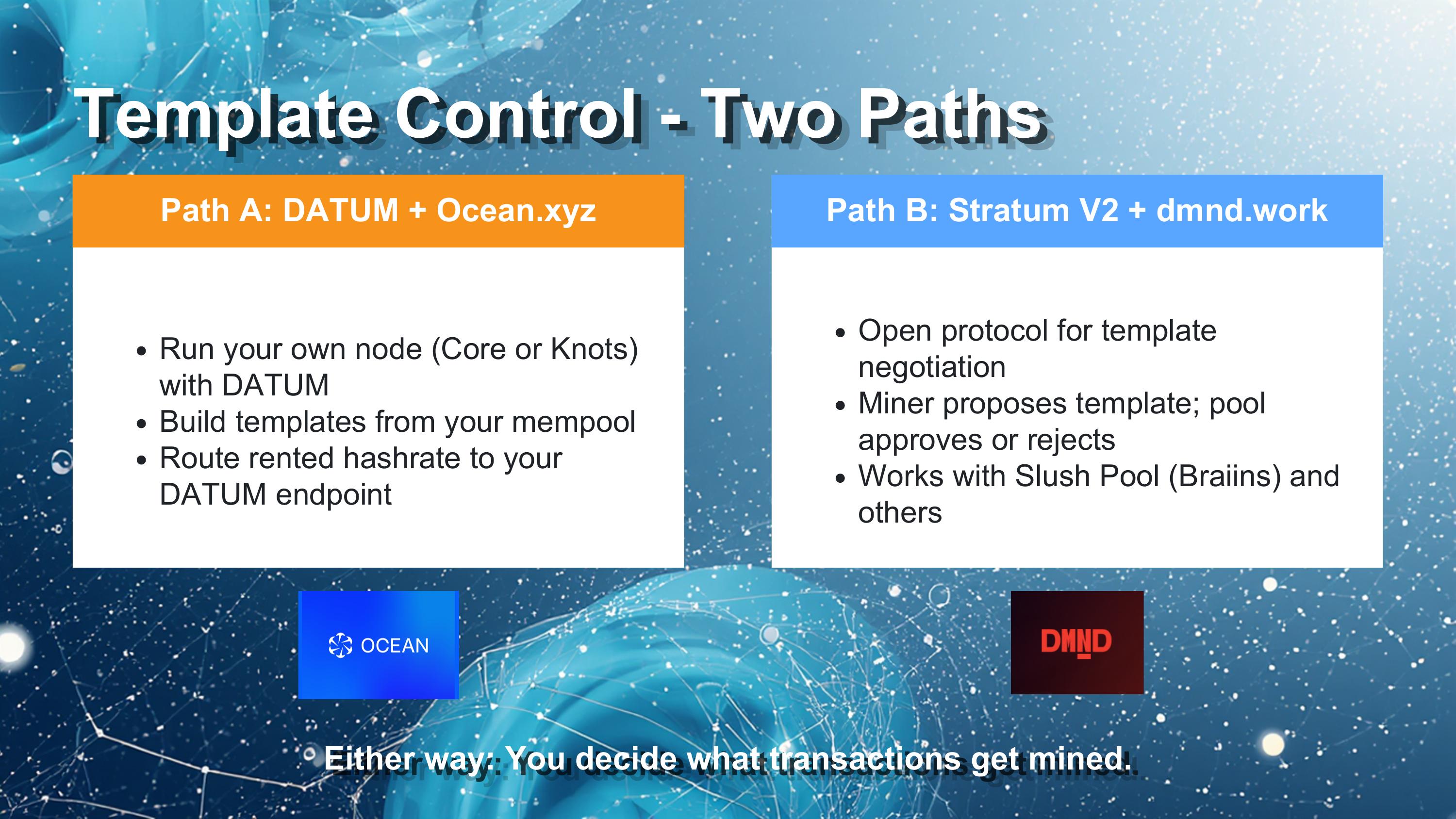 Slide 8 of 18 from 'Mining Like The Big Players' (2026-05-14, RRBTC). Part of a presentation covering: mining, hashrate-marketplace, braiins, datum, stratum-v2, automation.