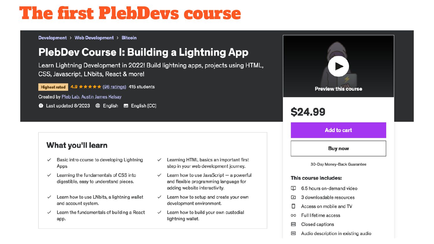 Slide 14 of 41 from 'RR Bitcoiners #18 – PlebDevs Takeover' (2023-11-09, Austin (@bitcoinplebdev)). Part of a presentation covering: plebdevs, lightning, development, pleblab, education.