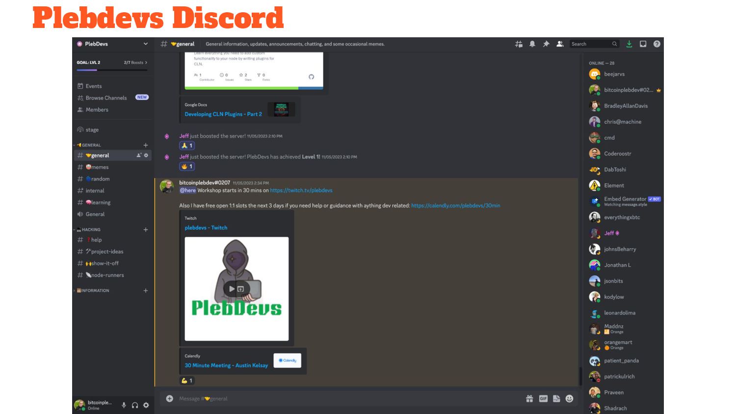 Slide 16 of 41 from 'RR Bitcoiners #18 – PlebDevs Takeover' (2023-11-09, Austin (@bitcoinplebdev)). Part of a presentation covering: plebdevs, lightning, development, pleblab, education.