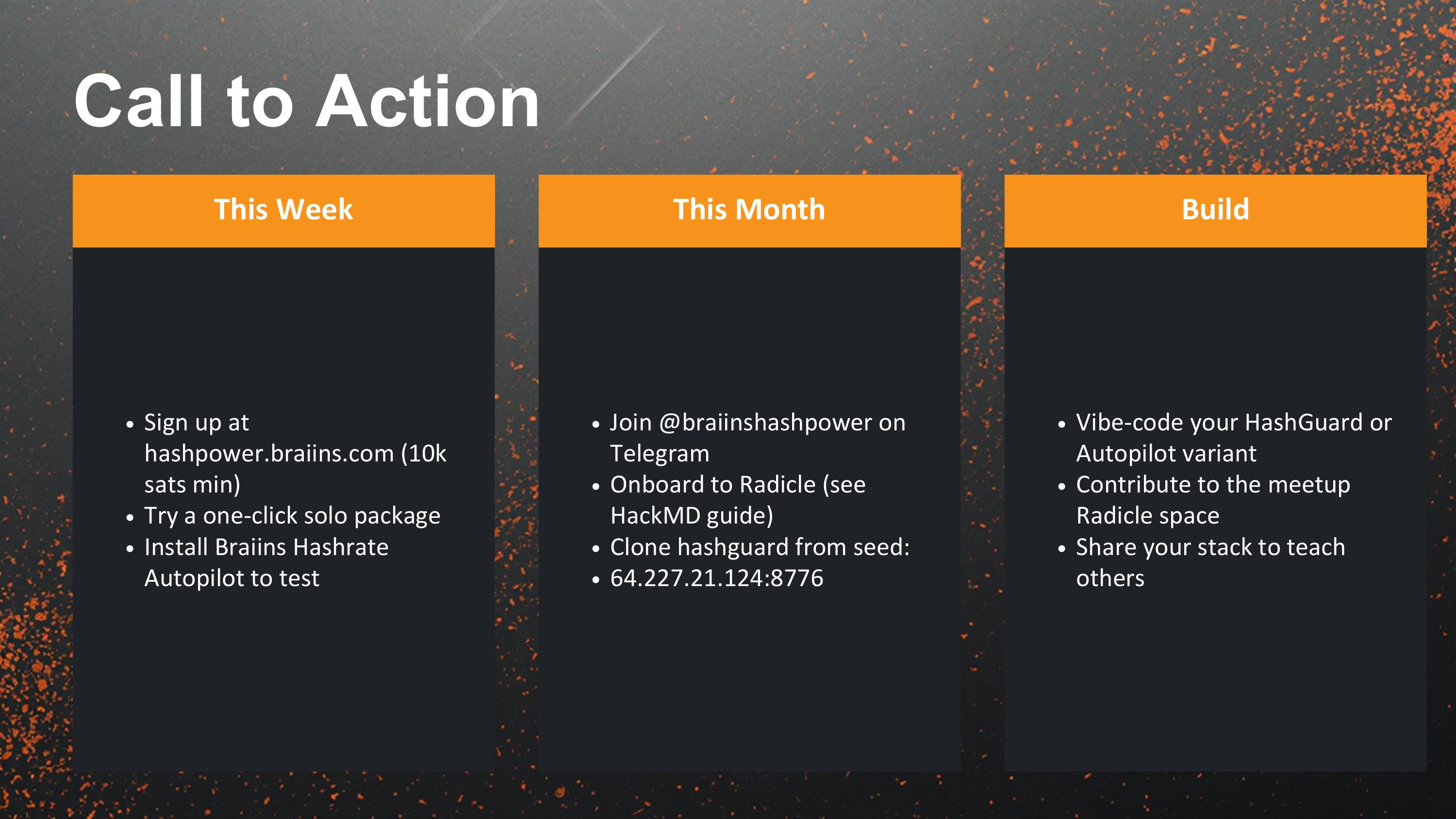 Slide 16 of 18 from 'Mining Like The Big Players' (2026-05-14, RRBTC). Part of a presentation covering: mining, hashrate-marketplace, braiins, datum, stratum-v2, automation.