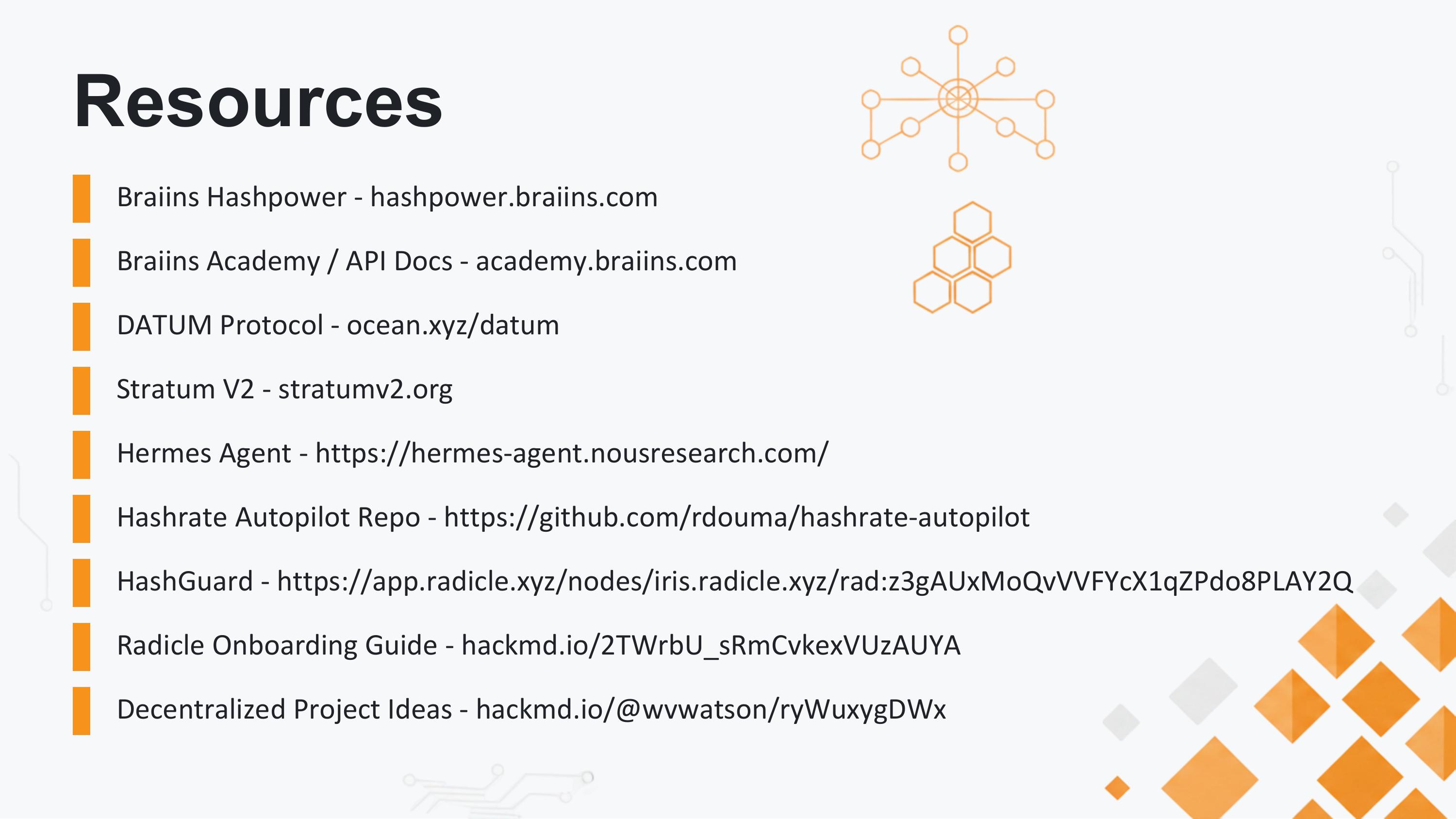 Slide 17 of 18 from 'Mining Like The Big Players' (2026-05-14, RRBTC). Part of a presentation covering: mining, hashrate-marketplace, braiins, datum, stratum-v2, automation.