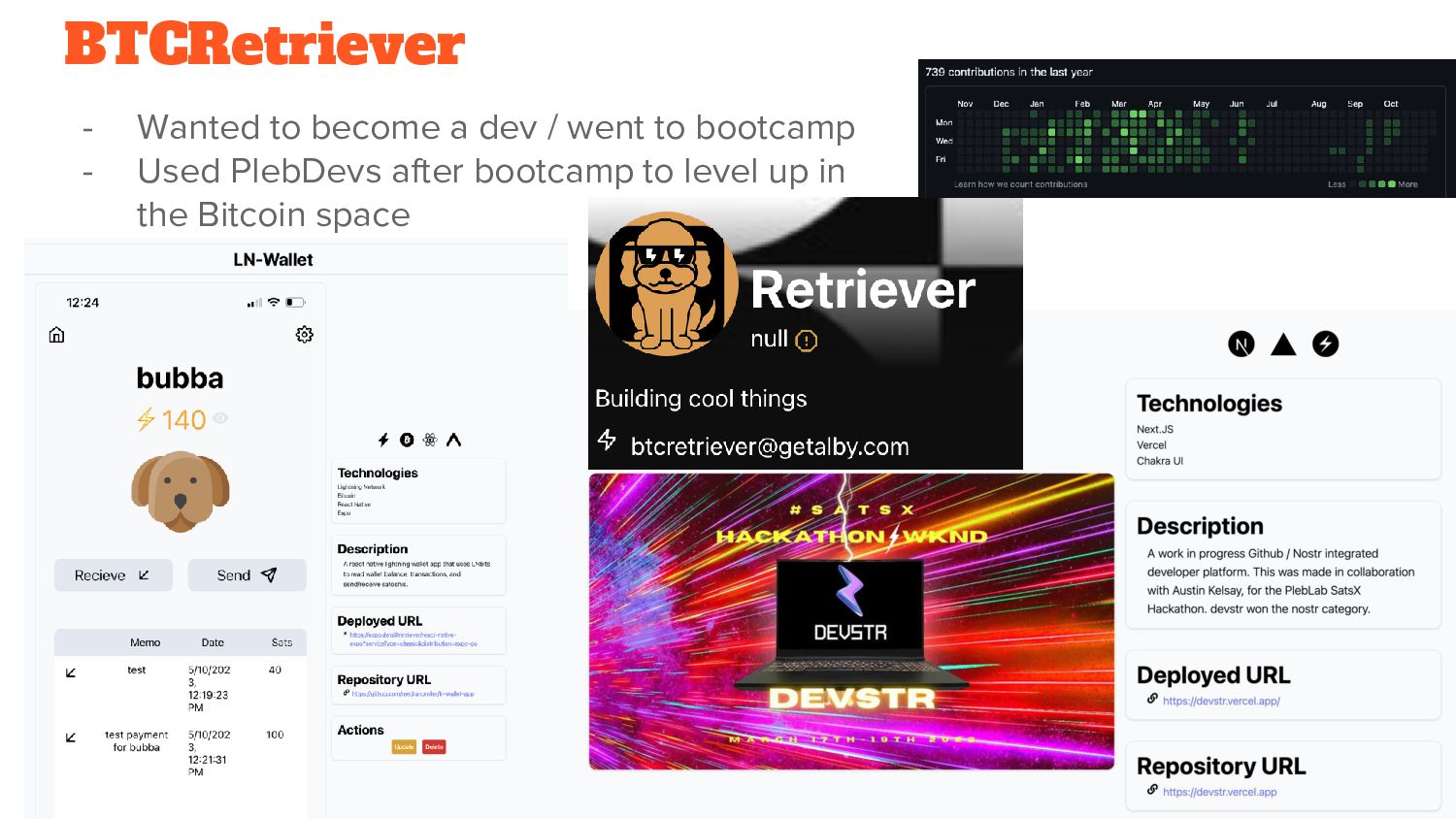 Slide 20 of 41 from 'RR Bitcoiners #18 – PlebDevs Takeover' (2023-11-09, Austin (@bitcoinplebdev)). Part of a presentation covering: plebdevs, lightning, development, pleblab, education.